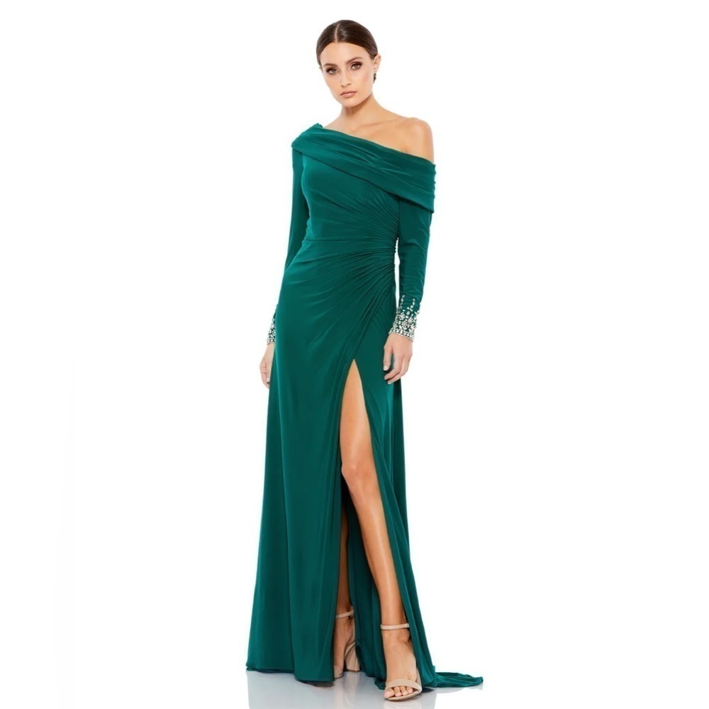 Mac Duggal 12231 NWT BEADED CUFF DROP SHOULDER FAUX WRAP GOWN - Picture 2 of 16